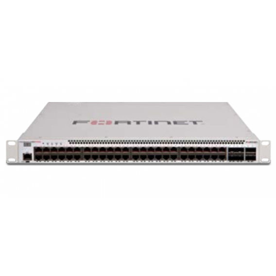 Layer 2/3 FortiGate switch controller compatible PoE+ switch with 48 x GE RJ45 ports, 4 x 10 GE SFP+ and 2 x 40 GE QSFP+, with automatic Max 750W POE output limit Layer 2/3 FortiGate switch controller compatible PoE+ switch with 48 x GE RJ45 ports, 4 x 10 GE SFP+ and 2 x 40 GE QSFP+, with automatic Max 750W POE output limit
